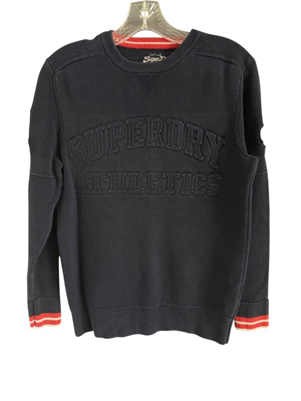 Superdry Athletics Blue Knit Sweater Crew Neck Logo Patch Striped Cuffs
